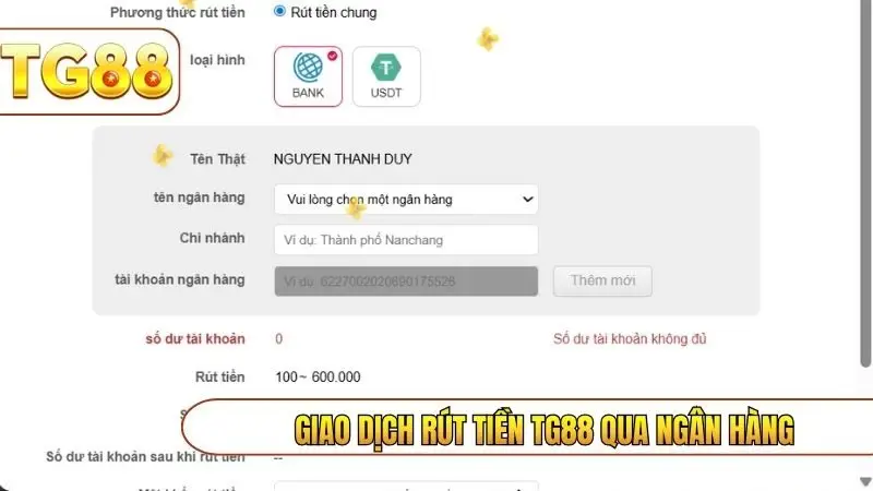 Giao dịch rút tiền TG88 qua ngân hàng